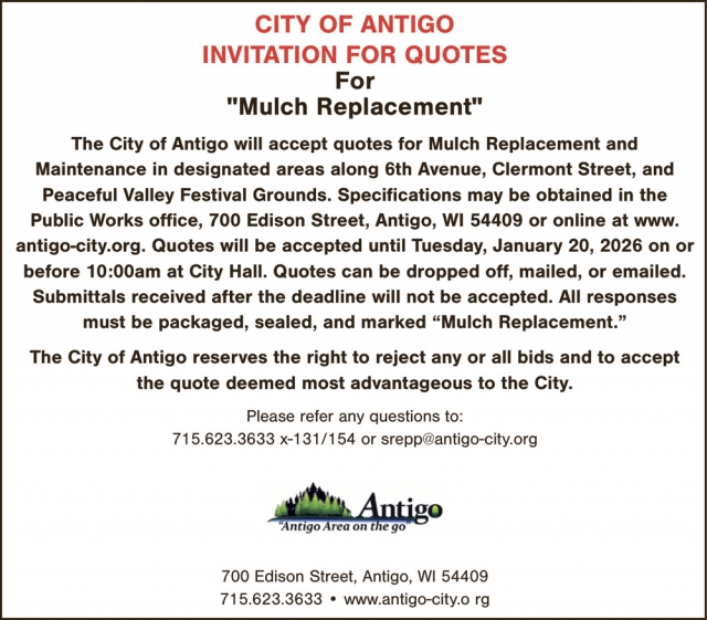 Invitation for Quotes, City of Antigo, Antigo, WI