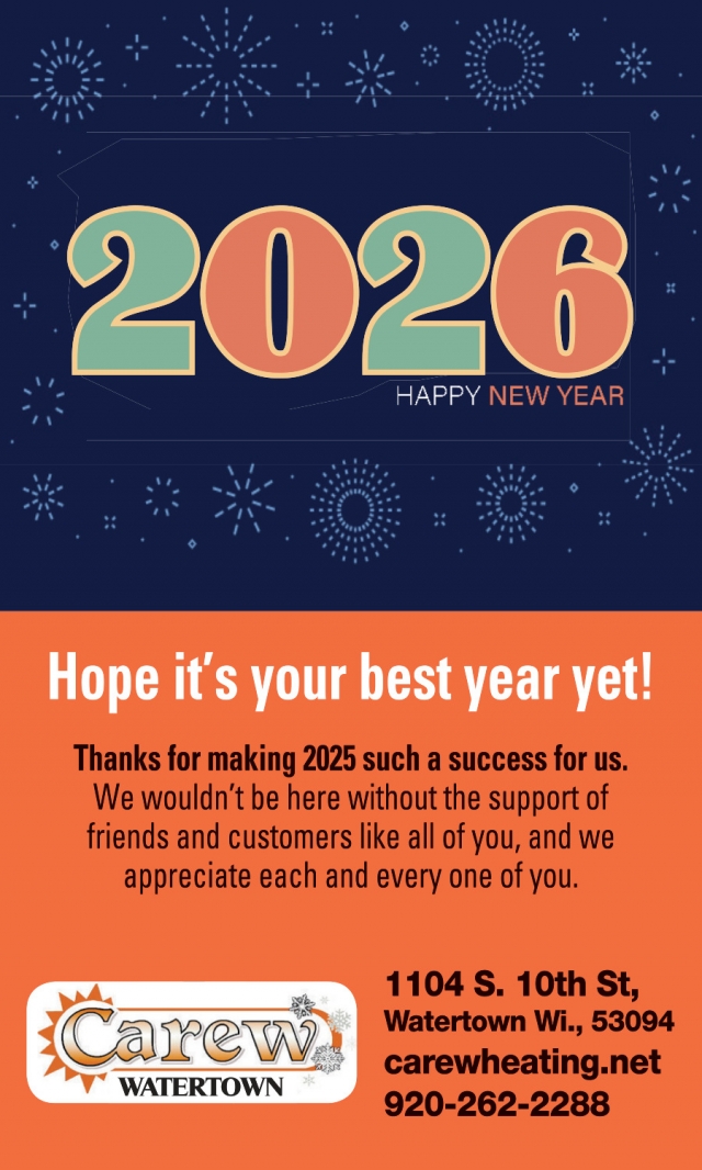 2026 Happy New Year, Carew Heating & AC, Inc., Watertown, WI