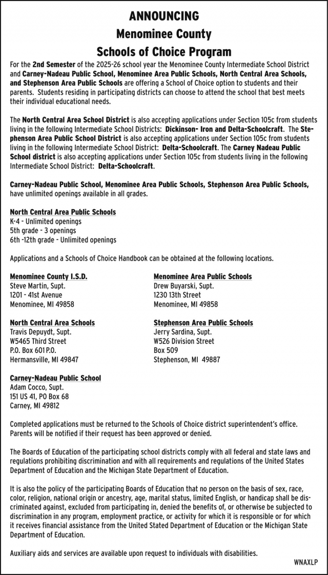 Schools of Choice Program, Menominee County, Menominee, MI