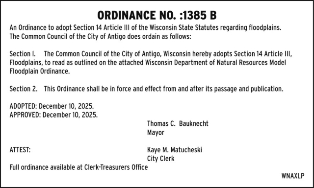 Ordinance No.: 1385 B, City of Antigo, Antigo, WI