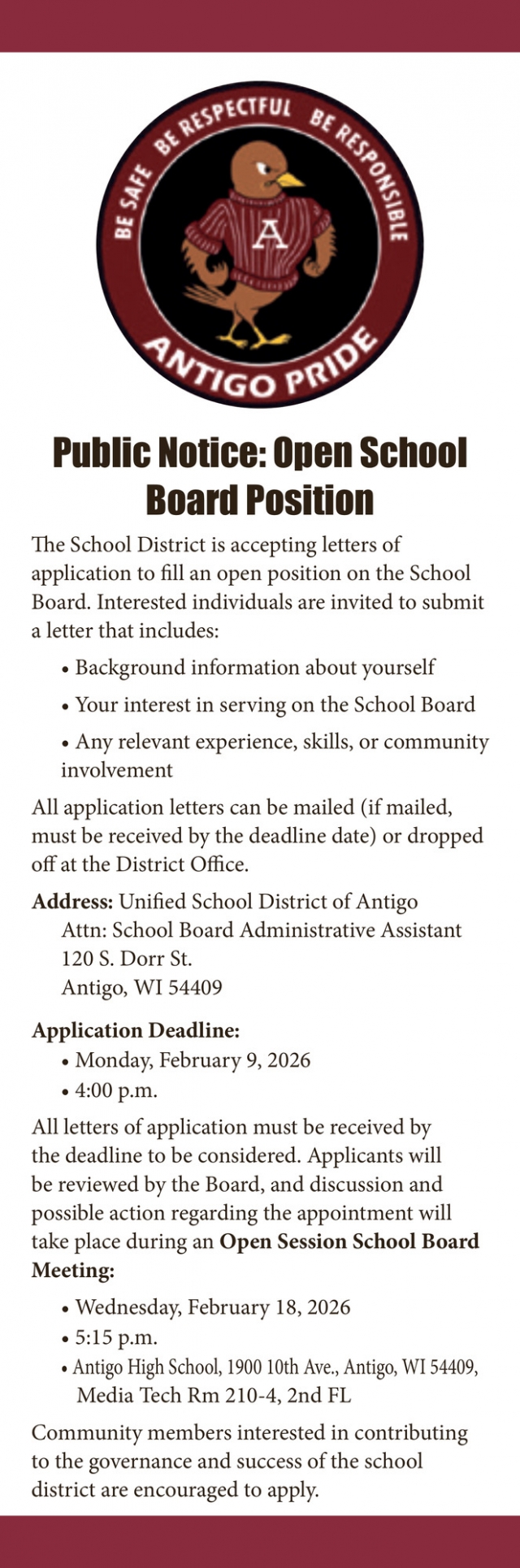 School Board Position, Unified School District of Antigo, Antigo, WI