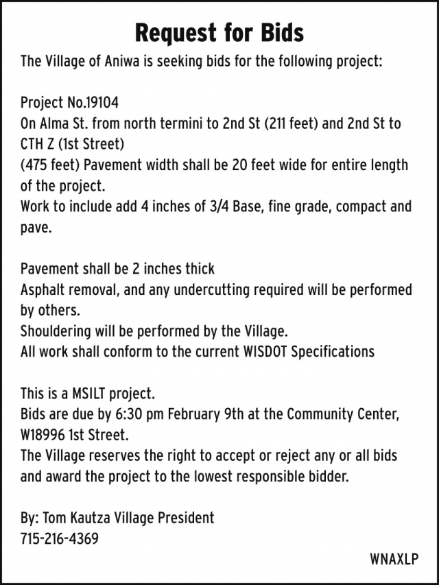 Request for Bids, Village of Aniwa, Aniwa, WI