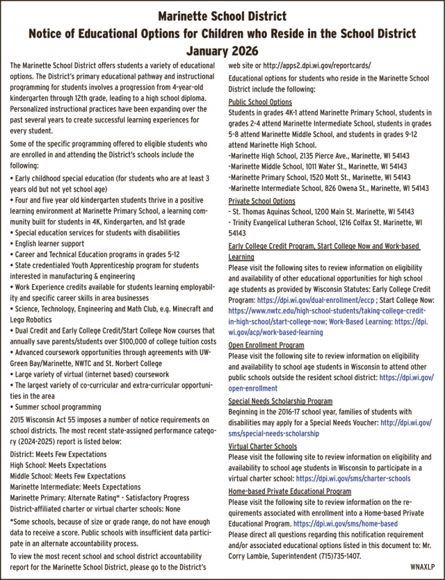 Notice of Educational Options for Children Who Reside in The School District, Marinette School District, Marinette, WI