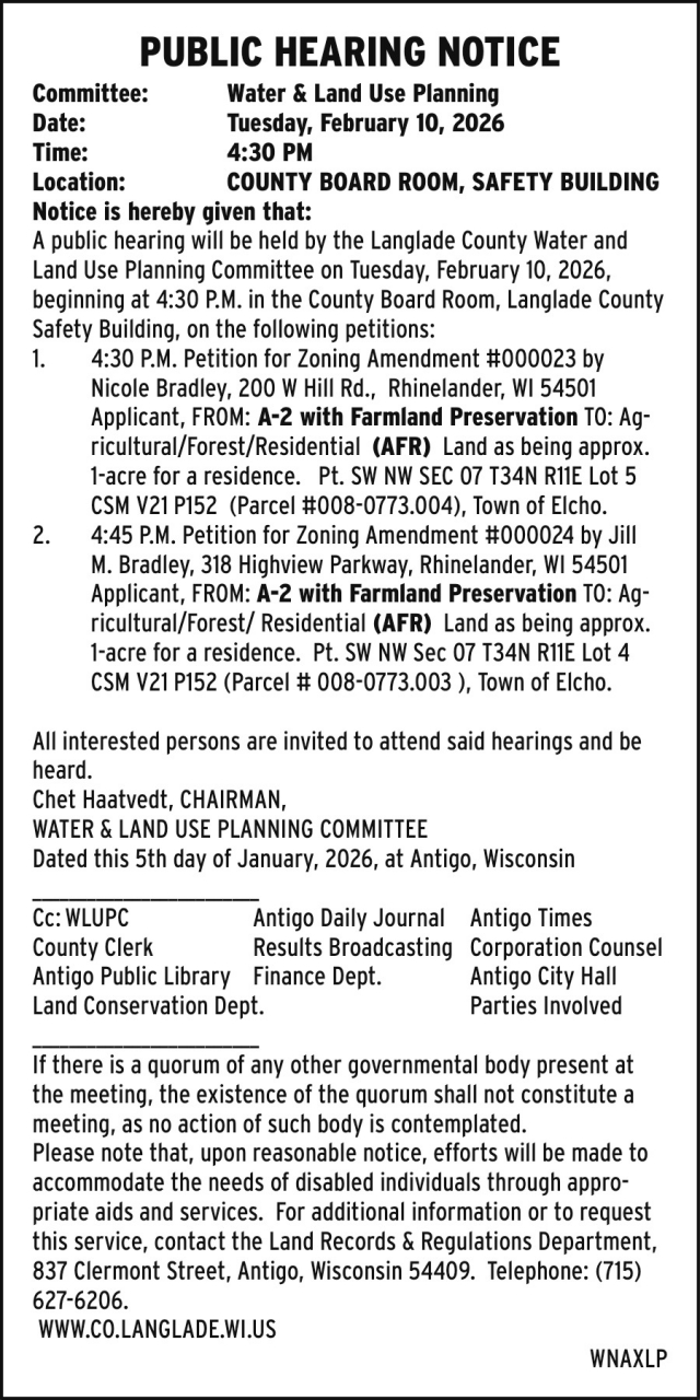Public Hearing Notice, Langlade County