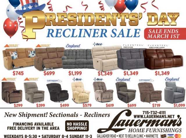 Presidents' Day Recliner Sale, Lauerman's Home Furnishing, Marinette, WI