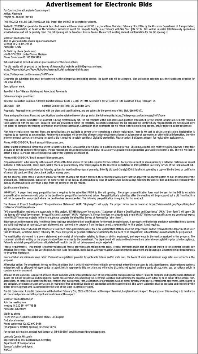 Advertisement for Electronic Bids, Langlade County