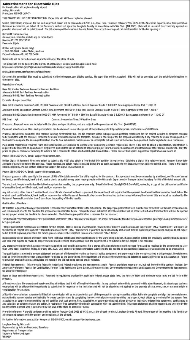 Advertisement for Electronics Bids, Langlade County