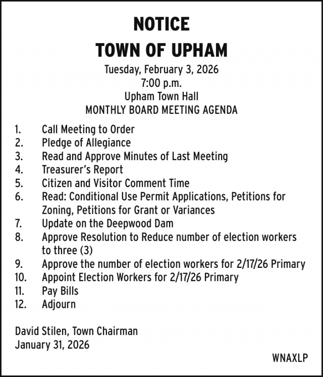 Notice, Town of Upham, Summit Lake, WI