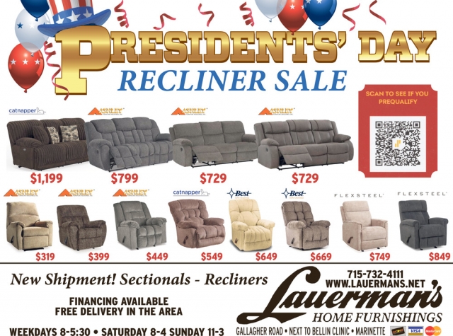 Presidents' Day Recliner Sale, Lauerman's Home Furnishing, Marinette, WI
