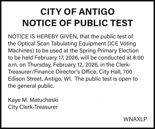 Notice, City of Antigo, Antigo, WI