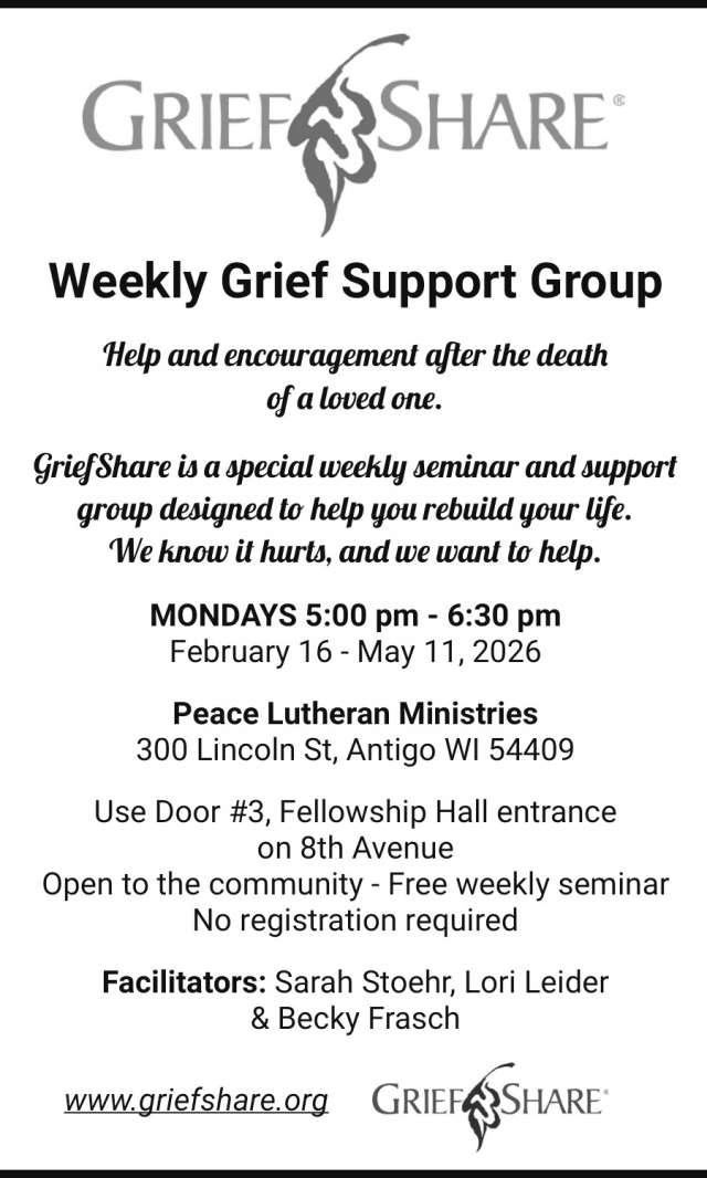 Weekly Grief Support Group, Griefshare Support Group at Peace Lutheran Ministries, Antigo, WI