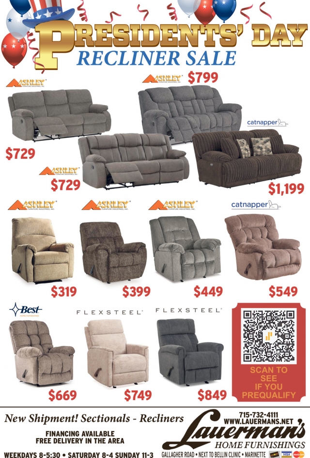 Presidents' Day Recliner Sale, Lauerman's Home Furnishing, Marinette, WI
