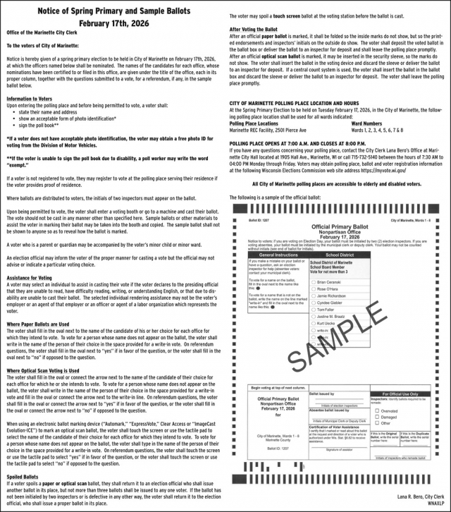 Notice of Spring Primnary and Sample Ballots, City of Marinette, Marinette, WI