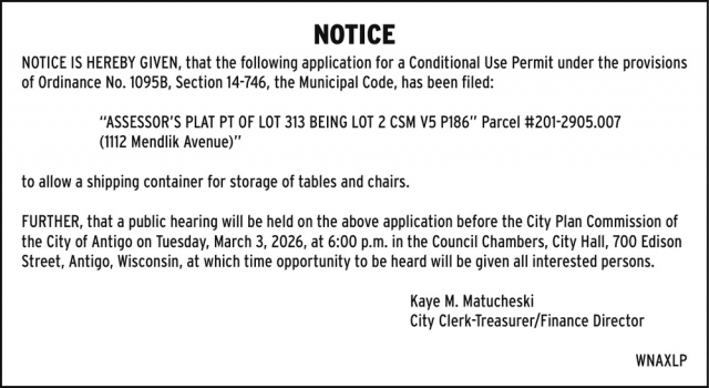 Notice, City of Antigo, Antigo, WI