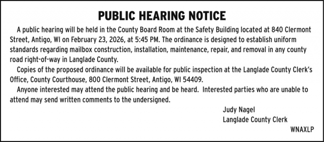 Public Hearing Notice, Langlade County Clerk