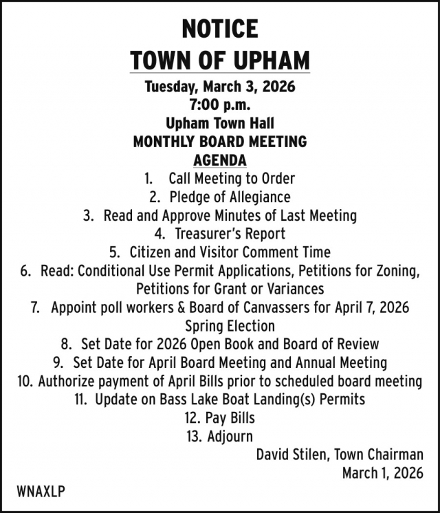 Notice, Town of Upham, Summit Lake, WI