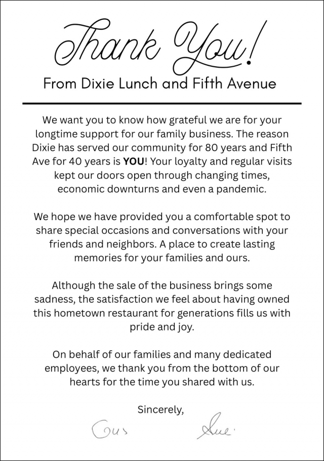 Thank You, Dixie Lunch, Antigo, WI