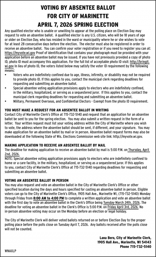 Voting By Absentee Ballot, City of Marinette, Marinette, WI