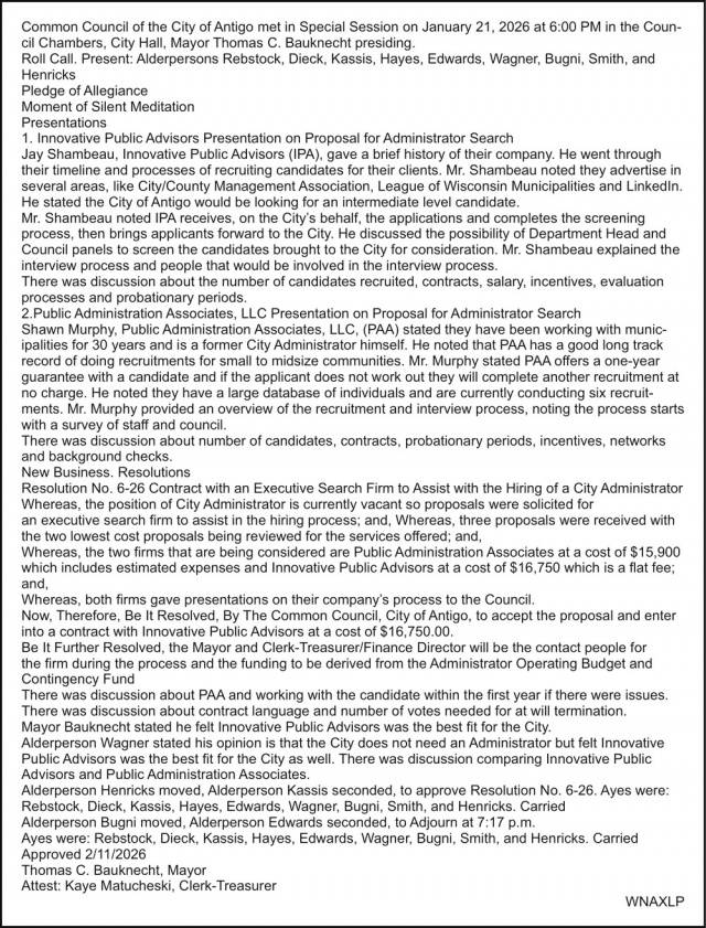 Special Session, City of Antigo, Antigo, WI