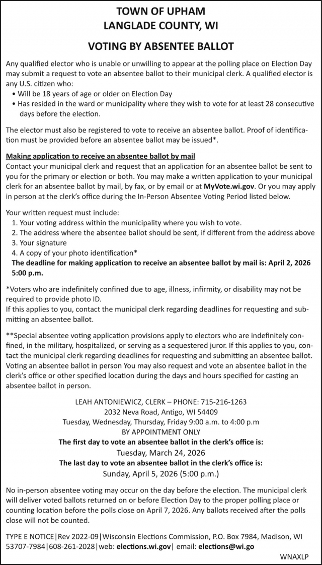 Voting by Absentee Ballot, Town of Upham, Summit Lake, WI