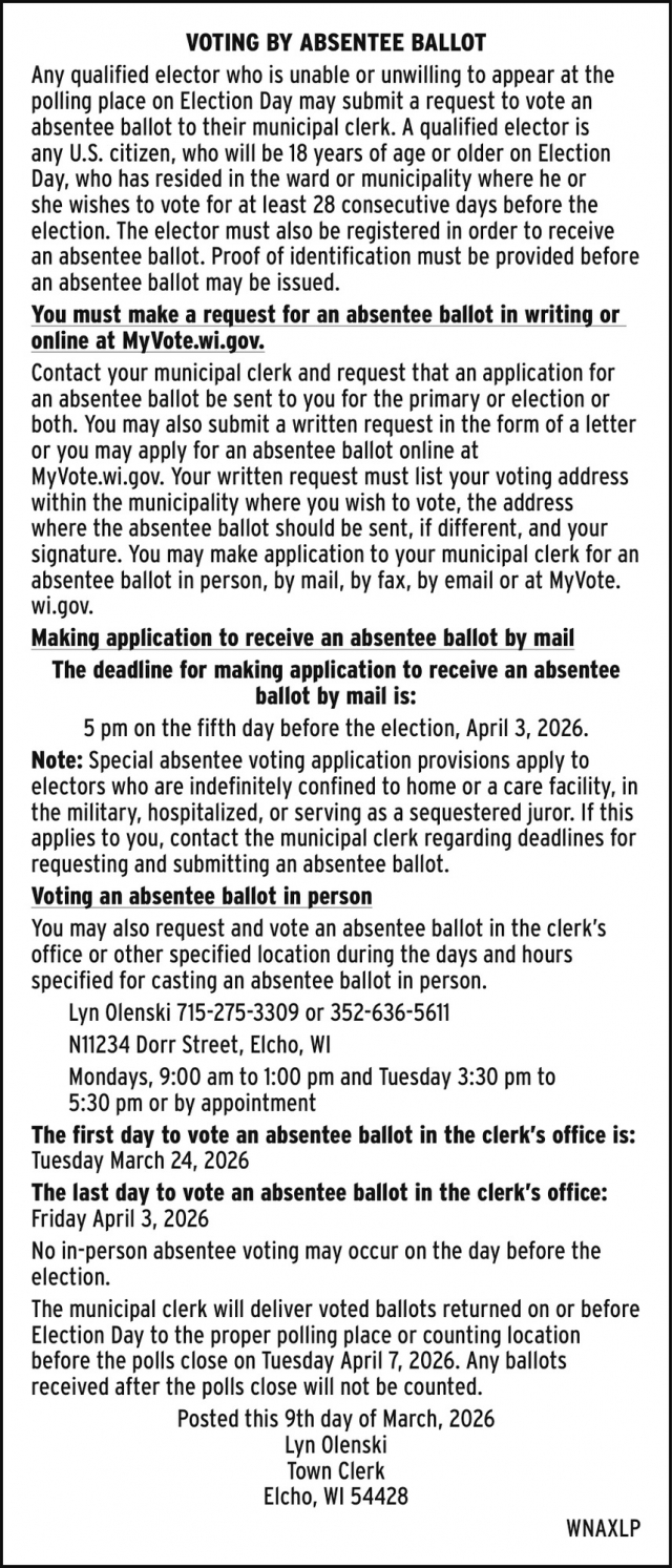 Voting by Absentee Ballot, Town Of Elcho, Elcho, WI