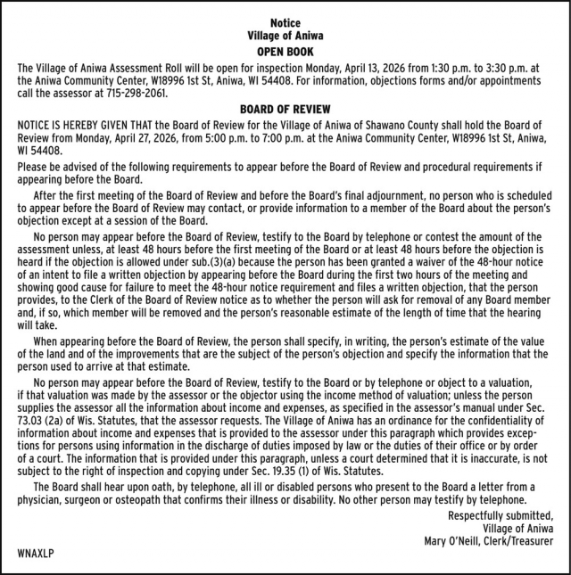 Notice, Village of Aniwa, Aniwa, WI