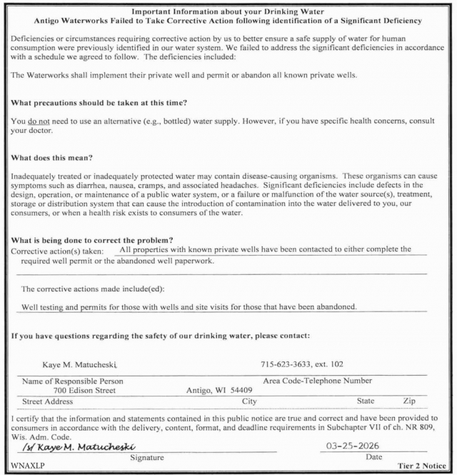 Notice, City of Antigo, Antigo, WI