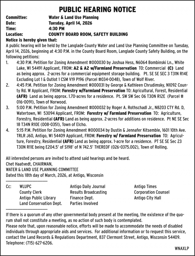 Public Hearing Notice, Langlade County