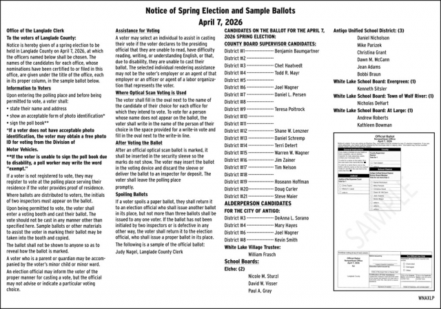 Notice of Spring Election and Sample Ballots, Langlade County Clerk