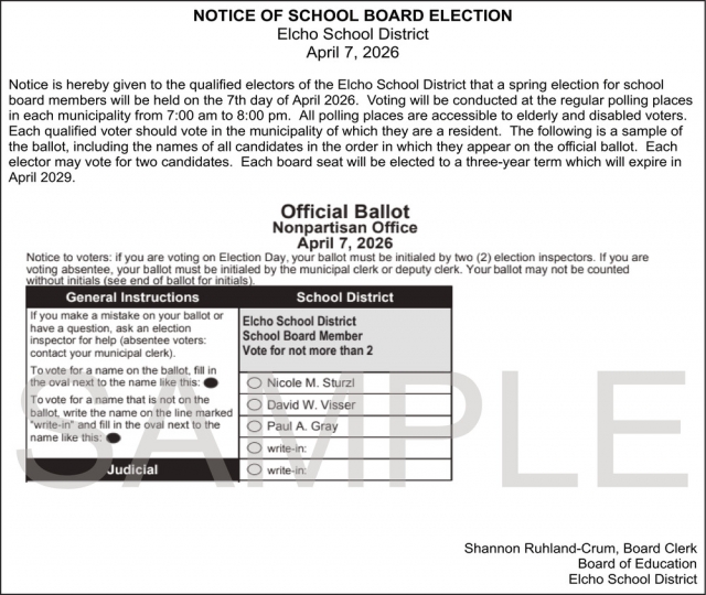 Notice of School Board Election, Elcho School District, Elcho, WI