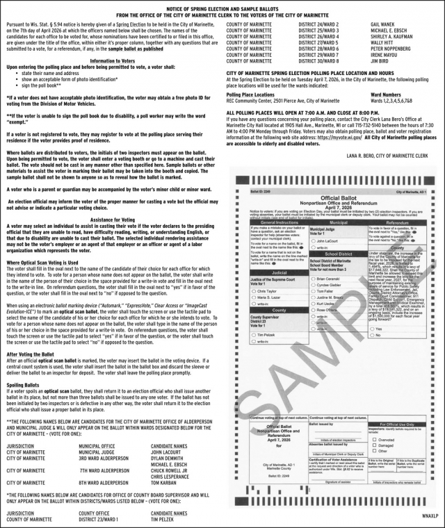 Notice of Spring Election, City of Marinette, Marinette, WI