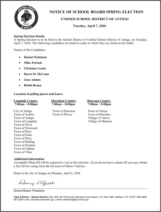 Notice of School Board Spring Election, Unified School District of Antigo, Antigo, WI