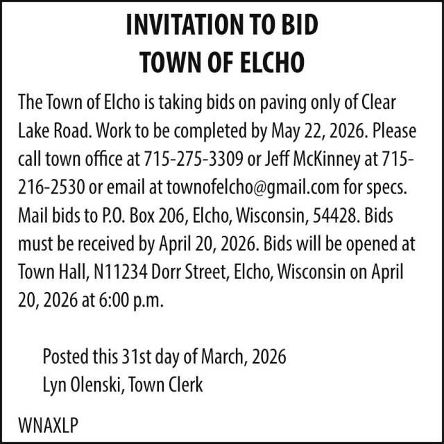 Invitation to Bid, Town Of Elcho, Elcho, WI