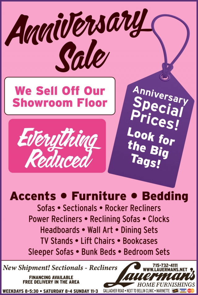 Anniversary Sale, Lauerman's Home Furnishing, Marinette, WI