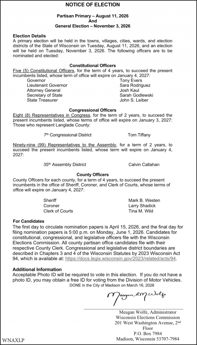 Notice of Election, Langlade County