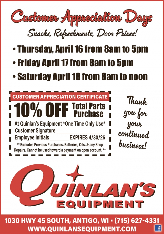 Customer Appreciation Days, Quinlan's Equipment, Inc., Antigo, WI
