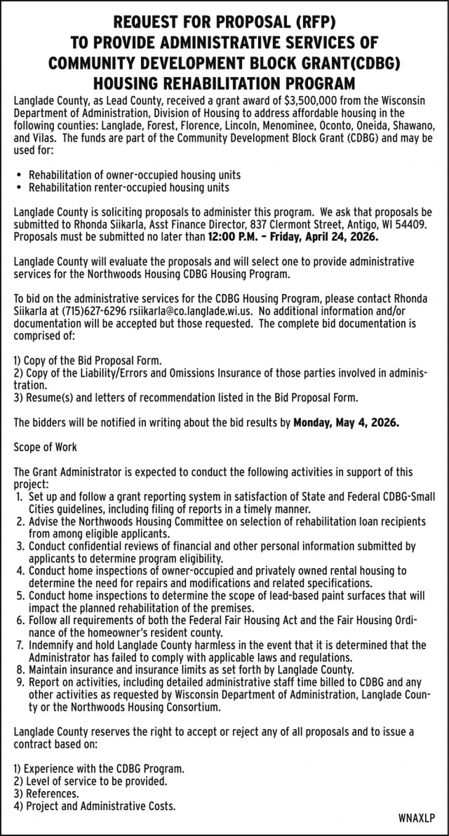 Request for Proposal, Langlade County