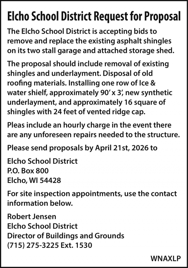 Request for Proposal, Elcho School District, Elcho, WI
