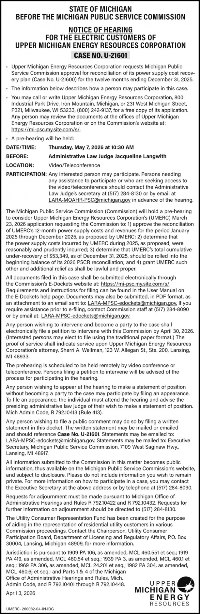 Notice of Hearing, Upper Michigan Energy Resources