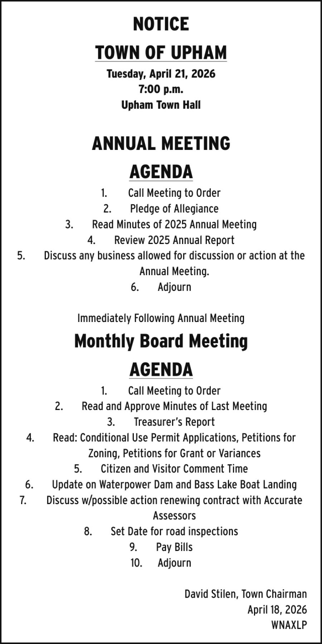 Annual Meeting Agenda, Town of Upham, Summit Lake, WI
