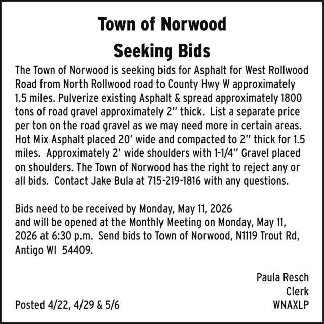 Seeking Bids, Town of Norwood, Antigo, WI