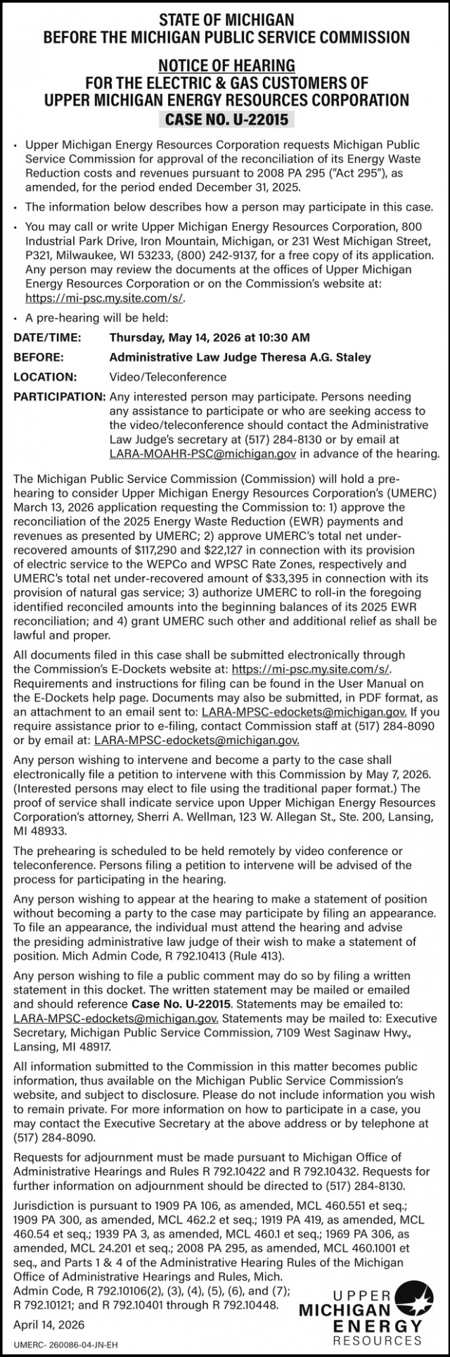Notice, Upper Michigan Energy Resources