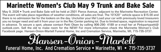 Marinette Women's Club May 9 Trunk and Bake Sale, Hansen-Onion Funeral Home, Inc, Marinette, WI