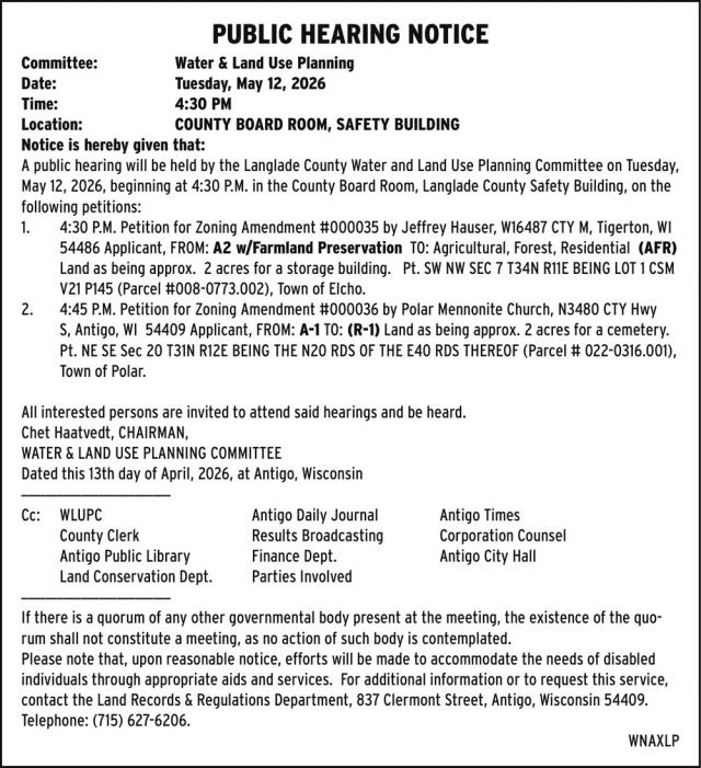 Public Hearing Notice, Langlade County