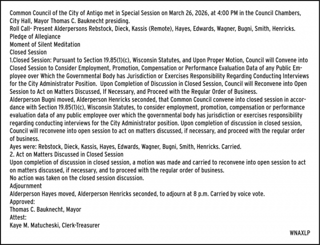 Special Session, City of Antigo, Antigo, WI