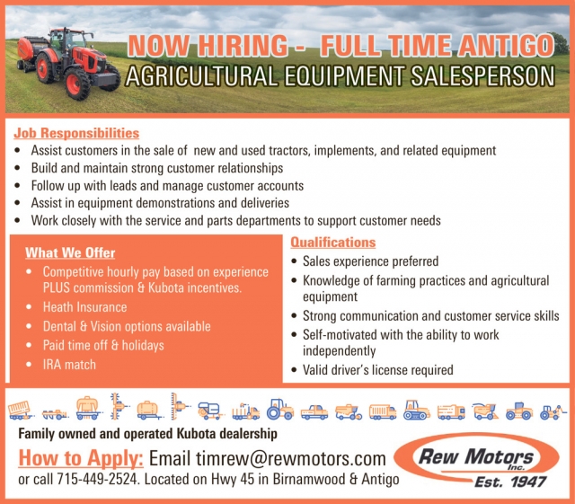 Agricultural Equipment Salesperson, Rew Motors Inc.