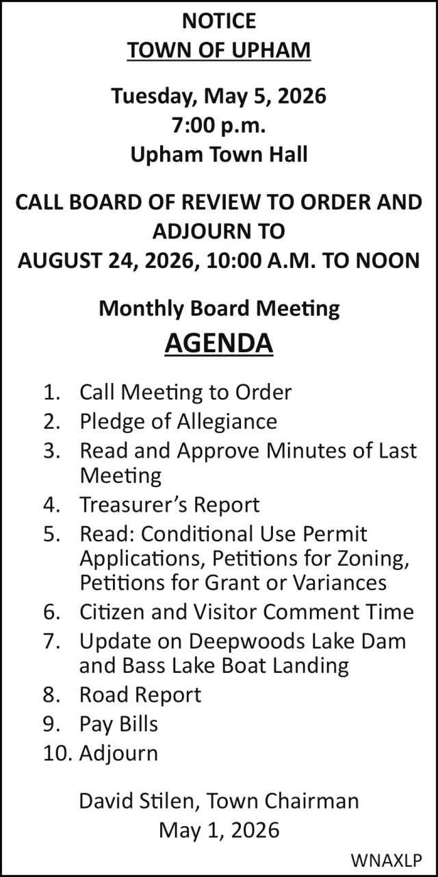 Notice, Town of Upham, Summit Lake, WI