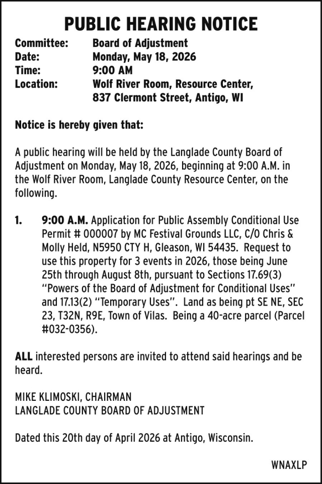 Public Hearing Notice, Langlade County