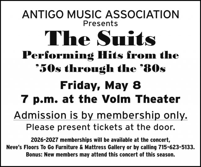 Performing Hits From '50s Through the '80s, The Suits -  Antigo Music Association (May 8, 2026)