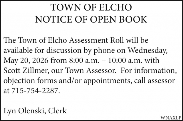 Notice of Open Book, Town Of Elcho, Elcho, WI